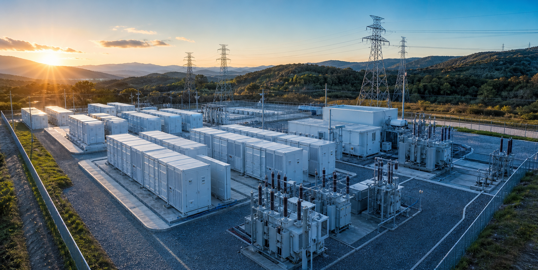 高圧連系の系統用蓄電所(コンテナ型BESS・高圧受変電設備)が再生可能エネルギーの電力を蓄え、需給に応じて系統へ放電して需給バランスを調整するイメージ